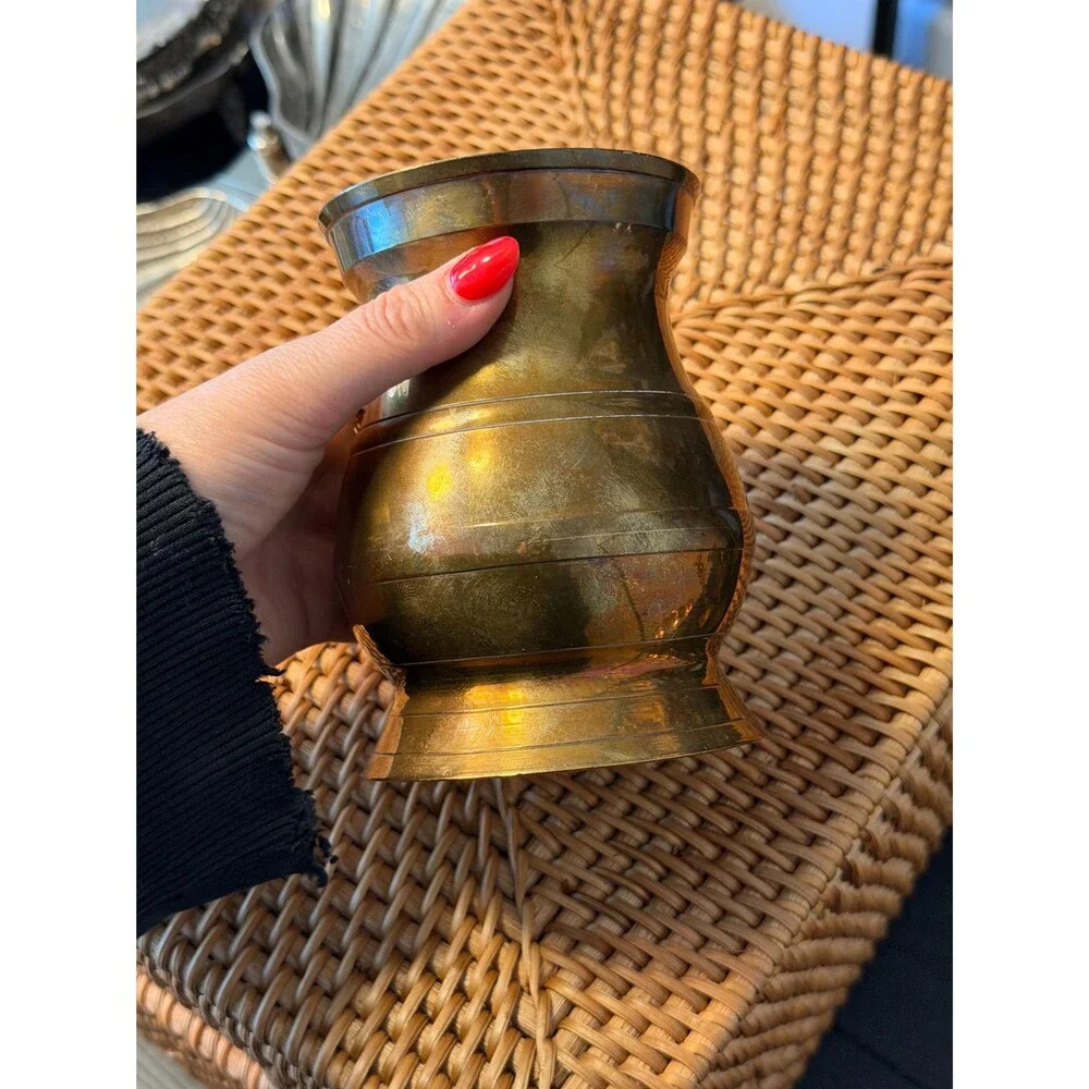 Vintage Brass Vase | Aged Brass Urn Vessel | Mid Century Brass Decor | Patina Fl